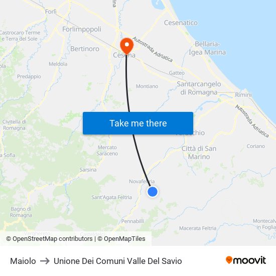 Maiolo to Unione Dei Comuni Valle Del Savio map
