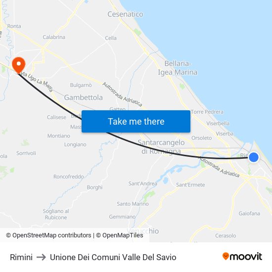 Rimini to Unione Dei Comuni Valle Del Savio map