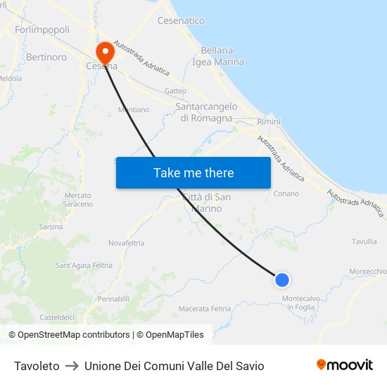 Tavoleto to Unione Dei Comuni Valle Del Savio map