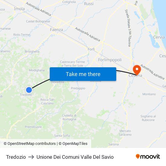 Tredozio to Unione Dei Comuni Valle Del Savio map