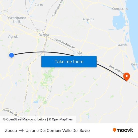 Zocca to Unione Dei Comuni Valle Del Savio map