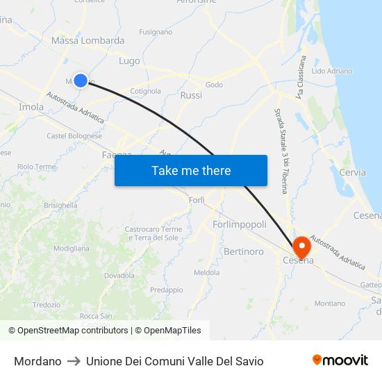 Mordano to Unione Dei Comuni Valle Del Savio map