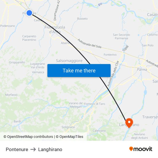 Pontenure to Langhirano map