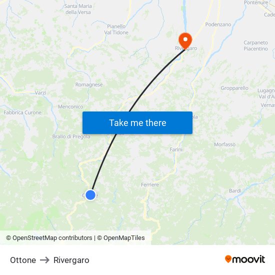 Ottone to Rivergaro map