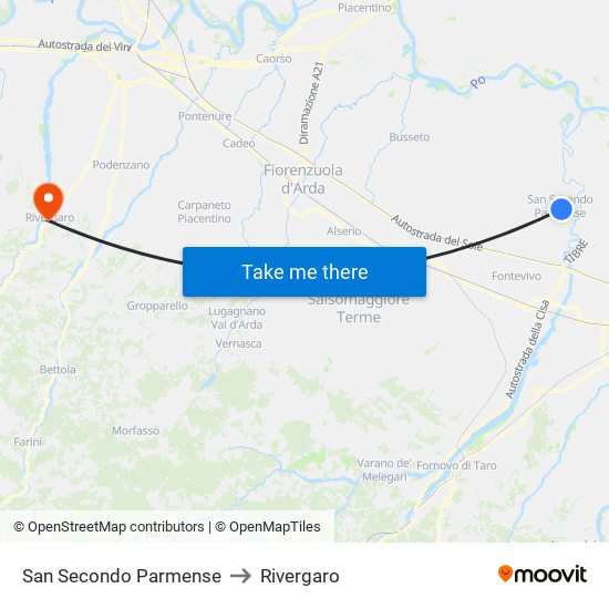 San Secondo Parmense to Rivergaro map