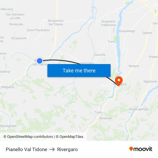 Pianello Val Tidone to Rivergaro map