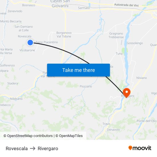 Rovescala to Rivergaro map