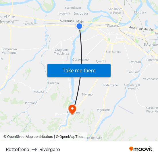 Rottofreno to Rivergaro map