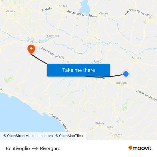 Bentivoglio to Rivergaro map