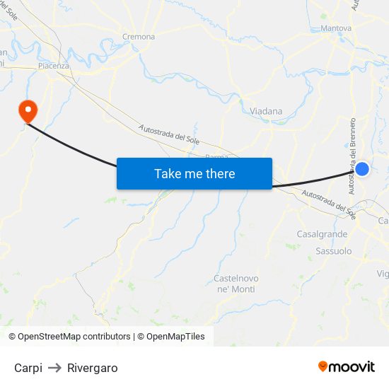 Carpi to Rivergaro map