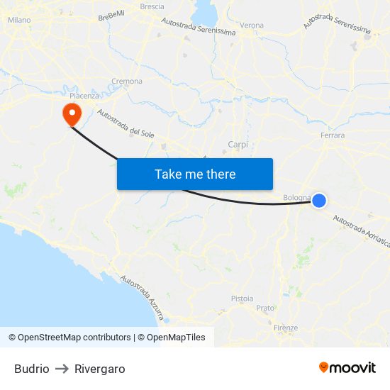 Budrio to Rivergaro map
