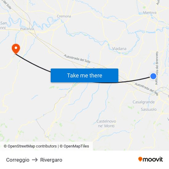 Correggio to Rivergaro map