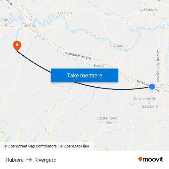 Rubiera to Rivergaro map