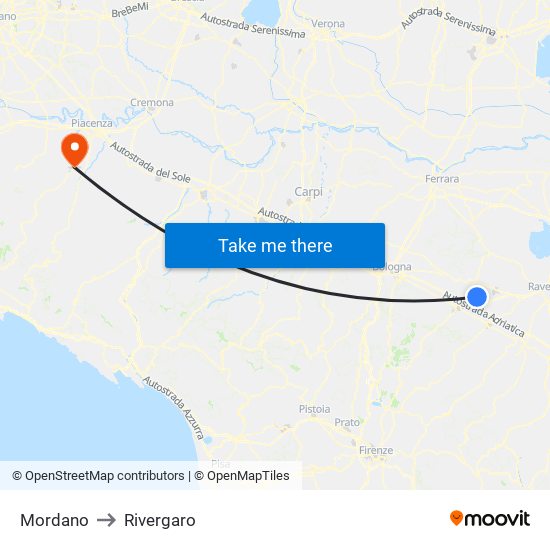 Mordano to Rivergaro map