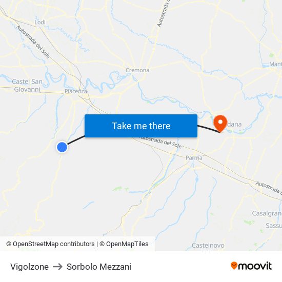 Vigolzone to Sorbolo Mezzani map