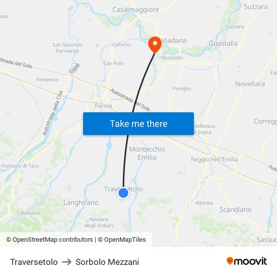 Traversetolo to Sorbolo Mezzani map