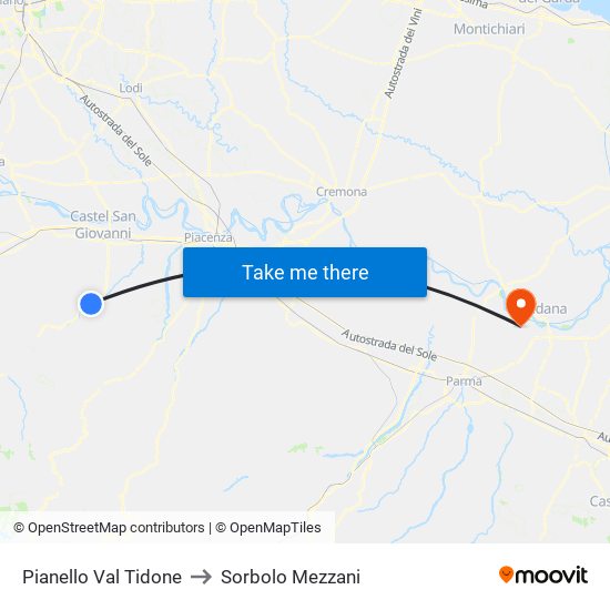 Pianello Val Tidone to Sorbolo Mezzani map