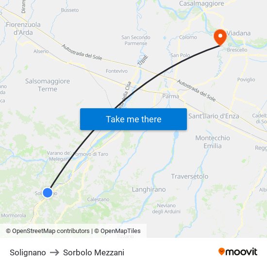 Solignano to Sorbolo Mezzani map
