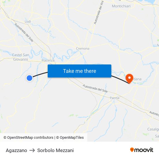 Agazzano to Sorbolo Mezzani map