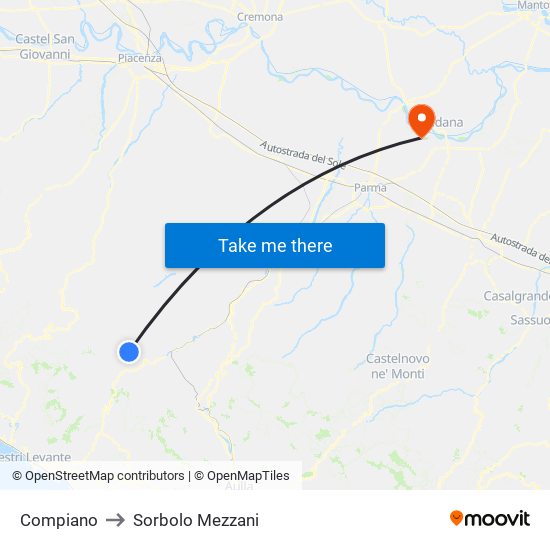 Compiano to Sorbolo Mezzani map