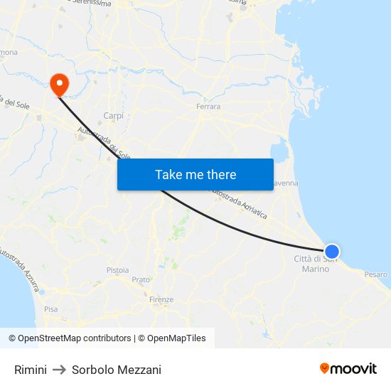 Rimini to Sorbolo Mezzani map