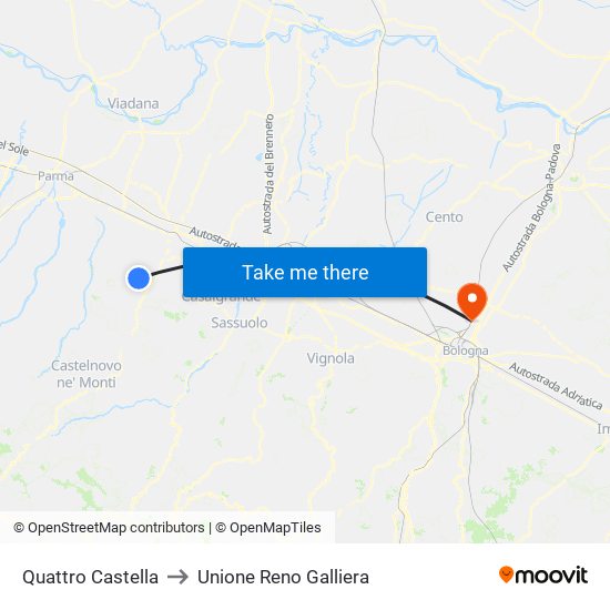 Quattro Castella to Unione Reno Galliera map