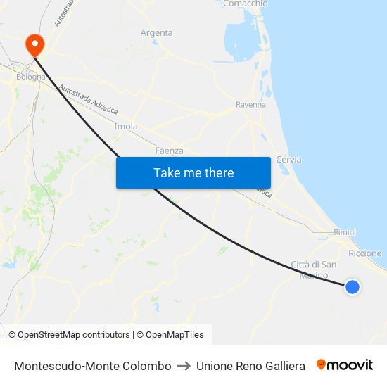 Montescudo-Monte Colombo to Unione Reno Galliera map