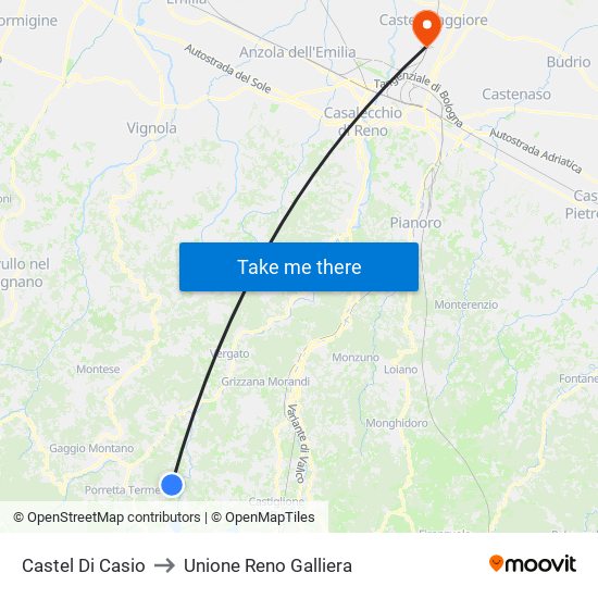 Castel Di Casio to Unione Reno Galliera map