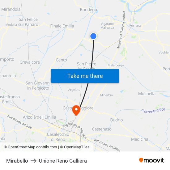 Mirabello to Unione Reno Galliera map