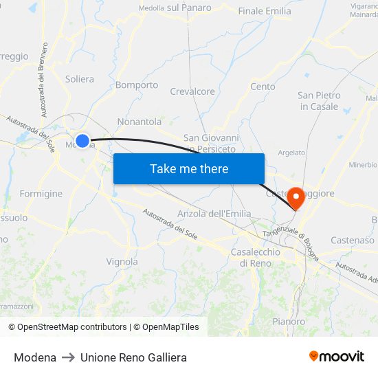 Modena to Unione Reno Galliera map
