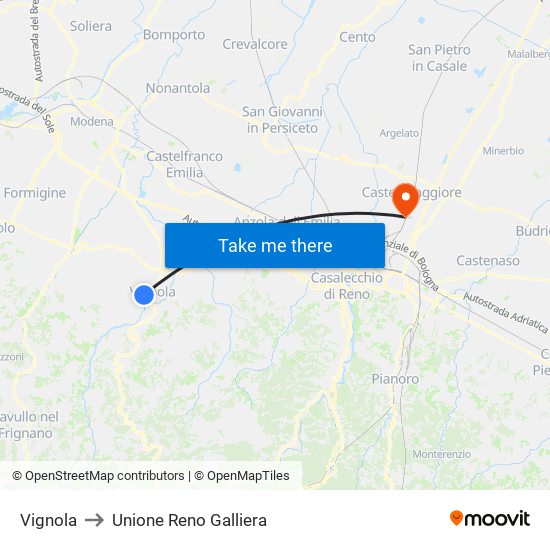 Vignola to Unione Reno Galliera map