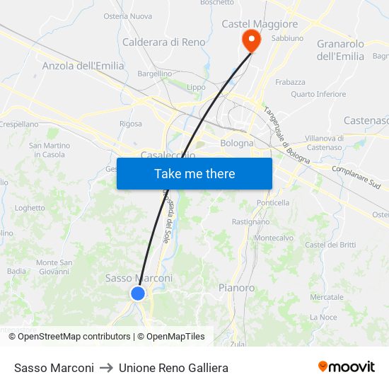 Sasso Marconi to Unione Reno Galliera map