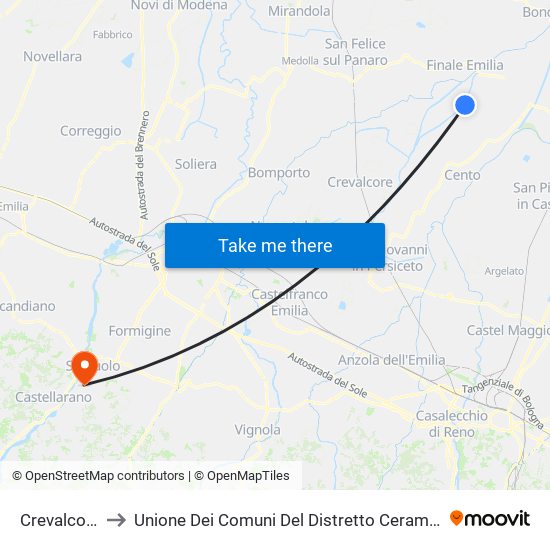 Crevalcore to Unione Dei Comuni Del Distretto Ceramico map