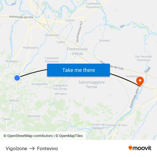 Vigolzone to Fontevivo map