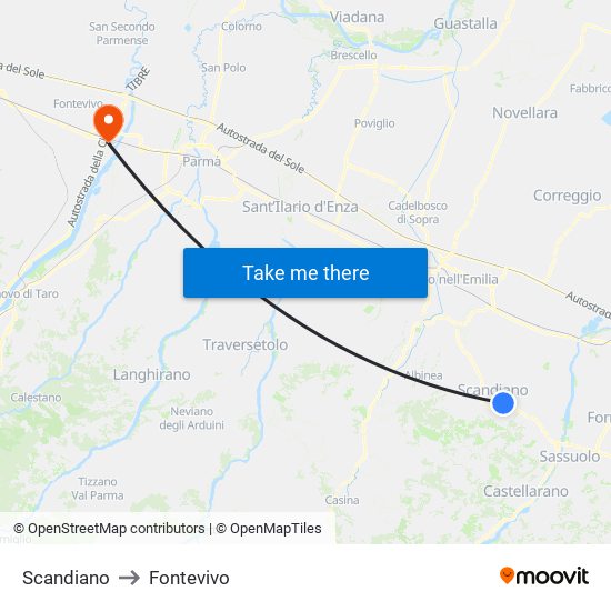 Scandiano to Fontevivo map