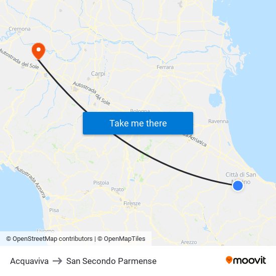 Acquaviva to San Secondo Parmense map
