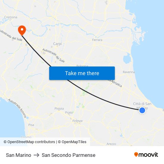 San Marino to San Secondo Parmense map