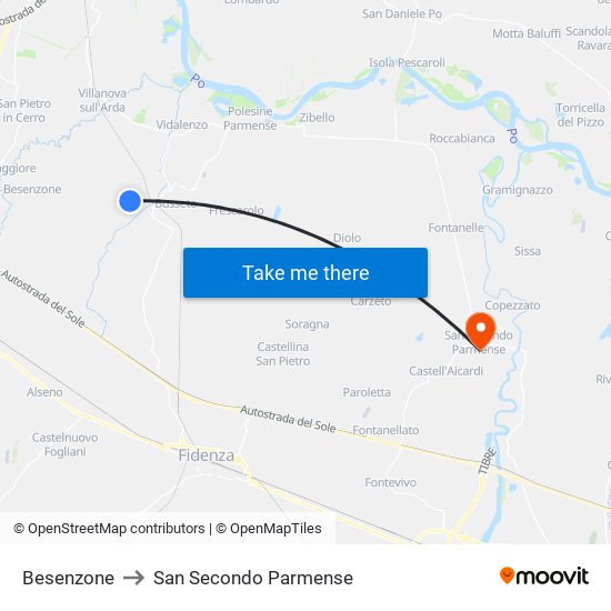 Besenzone to San Secondo Parmense map