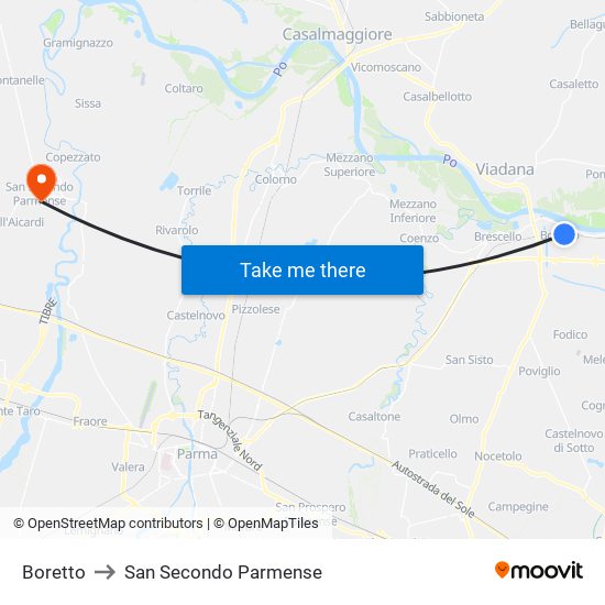 Boretto to San Secondo Parmense map