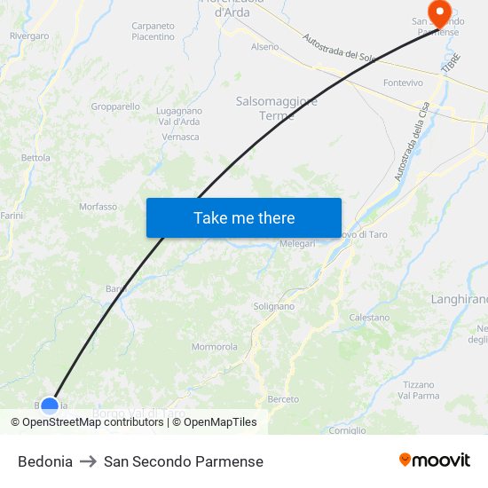 Bedonia to San Secondo Parmense map