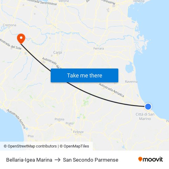 Bellaria-Igea Marina to San Secondo Parmense map