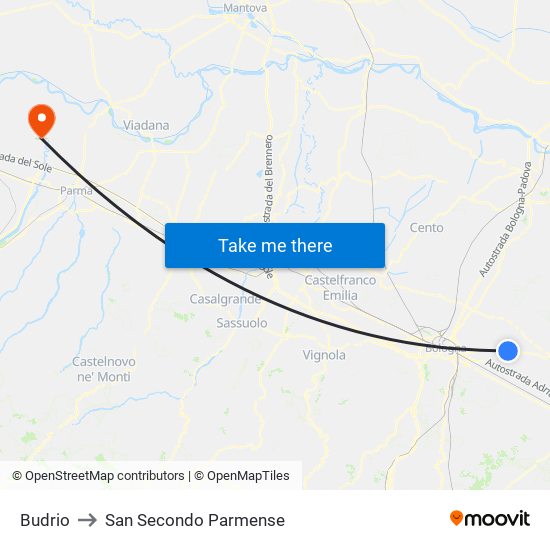 Budrio to San Secondo Parmense map