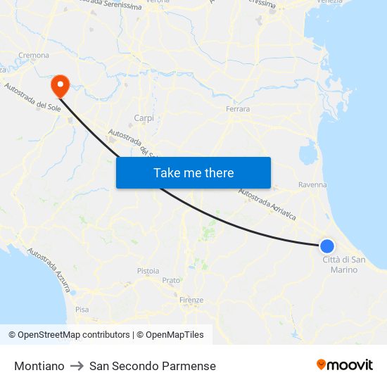 Montiano to San Secondo Parmense map