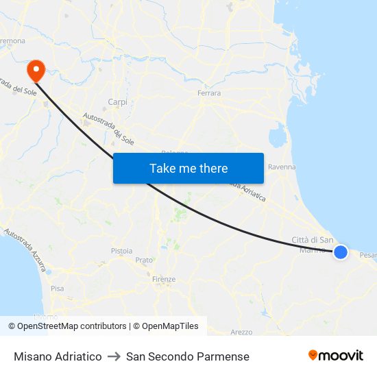 Misano Adriatico to San Secondo Parmense map