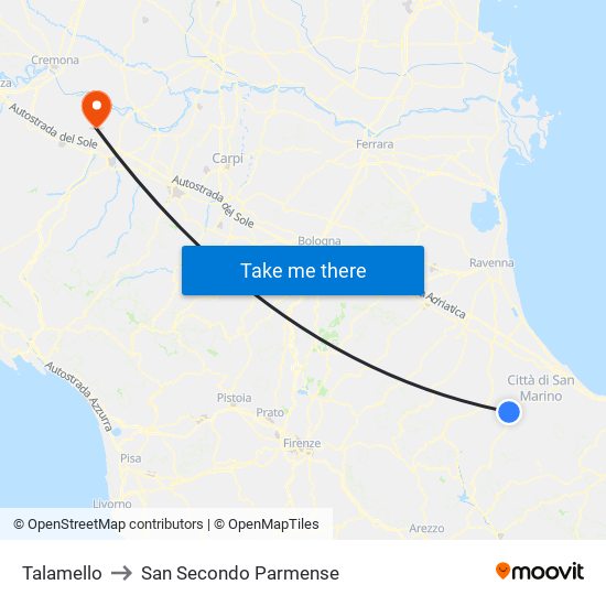 Talamello to San Secondo Parmense map