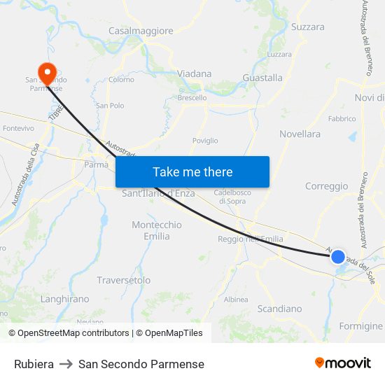 Rubiera to San Secondo Parmense map