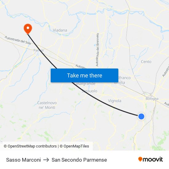 Sasso Marconi to San Secondo Parmense map