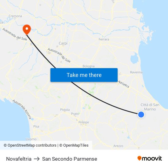 Novafeltria to San Secondo Parmense map