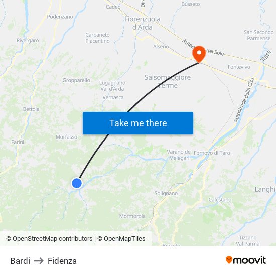 Bardi to Fidenza map