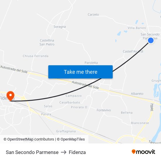 San Secondo Parmense to Fidenza map